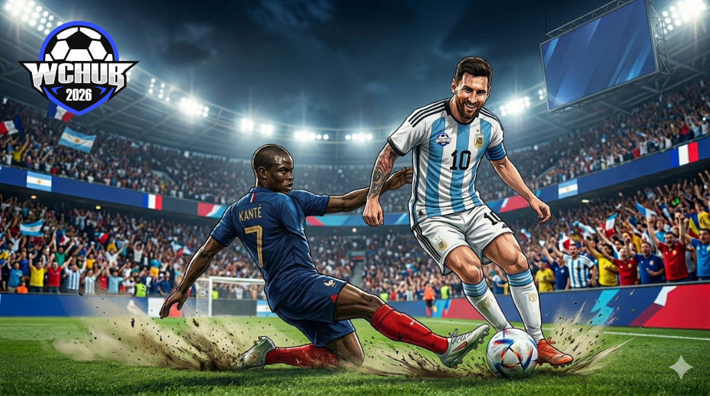 梅西與坎特的世界杯巔峰對決插畫 Illustration of Messi and Kanté in a World Cup Showdown