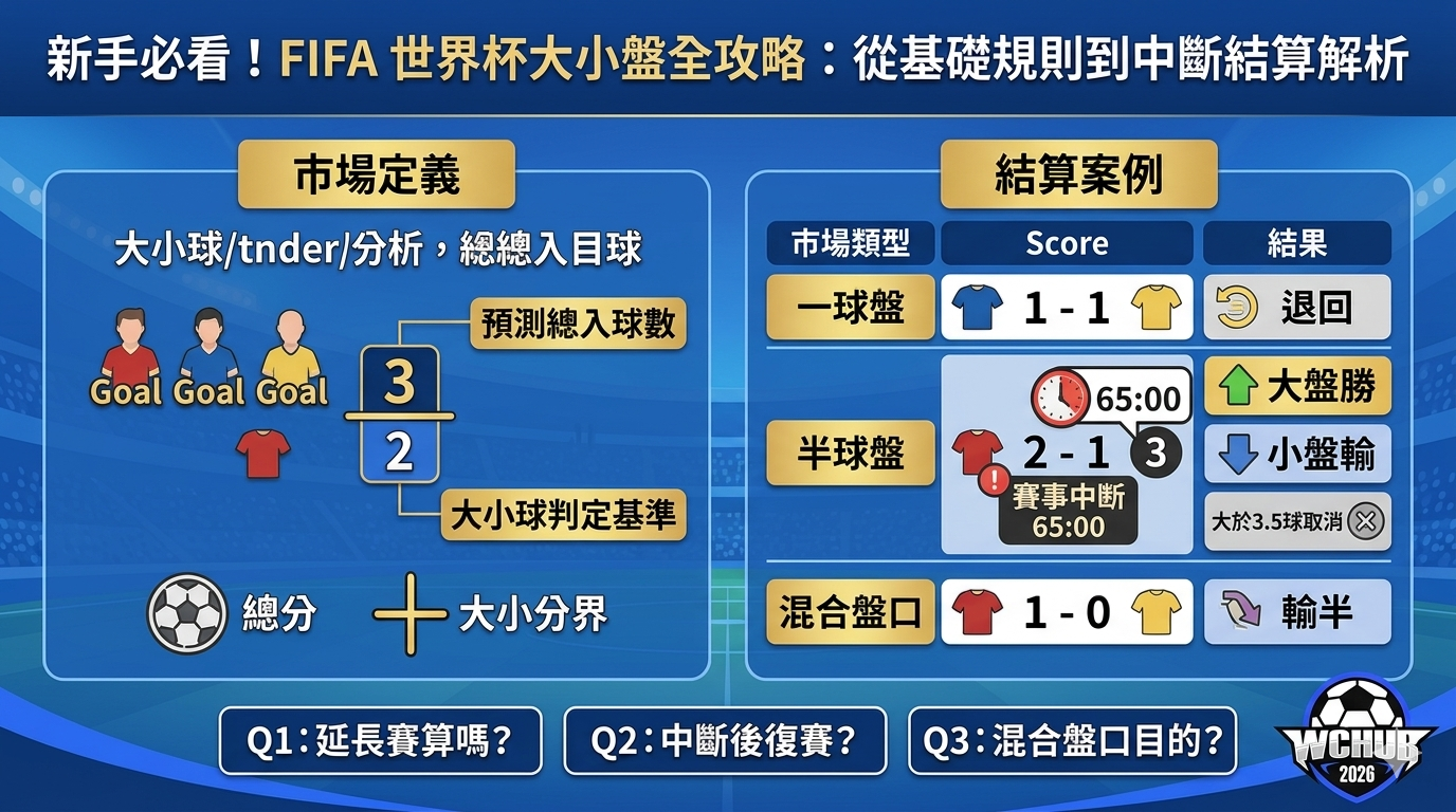 FIFA 世界杯大小盤規則新手教學與中斷結算範例說明 Comprehensive Beginner's Guide Infographic for FIFA World Cup Over/Under Market Rules and Interruption Settlement Examples