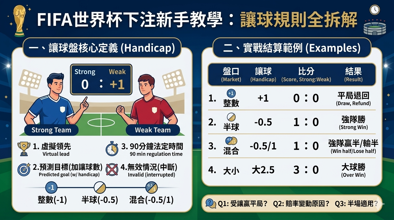 FIFA 世界杯下注讓球規則新手教學與實戰範例說明圖 Comprehensive Beginner's Guide Infographic for FIFA World Cup Handicap Betting and Practical Examples