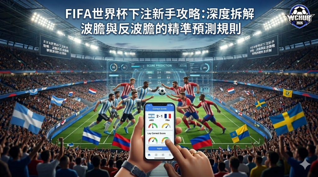 FIFA 世界杯波膽與反波膽分析教學封面：3D 球賽實況與手機下注介面 FIFA World Cup Correct Score Analysis Guide: 3D Match Simulation and Mobile Betting Interface