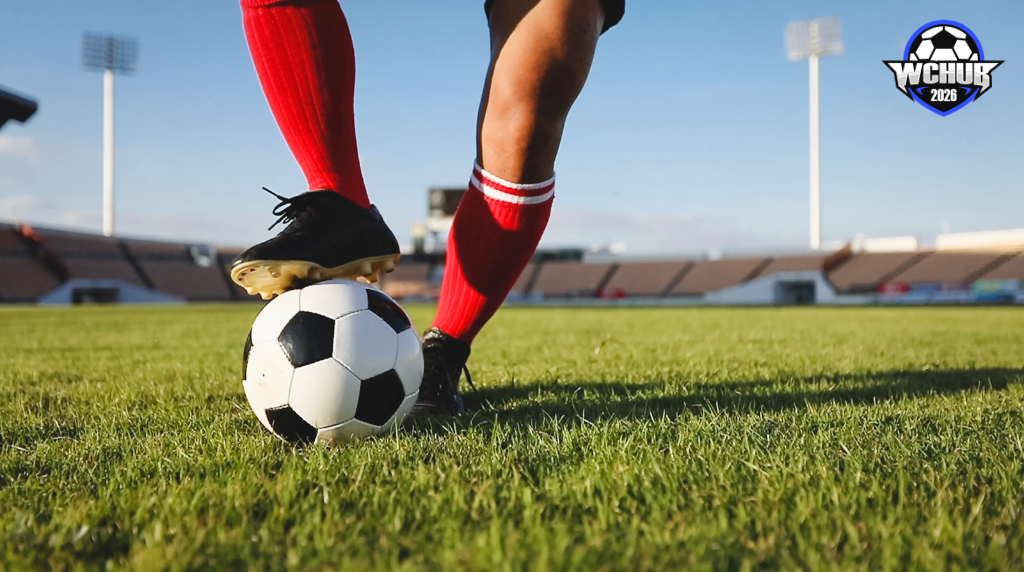 FIFA 世界杯波膽分析教學：足球員球場開球與數據研究視覺圖 FIFA World Cup Correct Score Analysis Guide: Soccer Player Kick-off in Stadium with Data Visual Concept