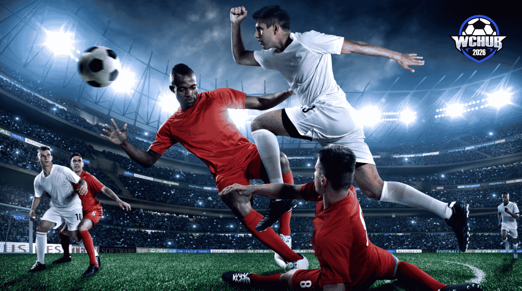 Action Soccer Match Photographic Background Banner with WCHUB 2026 Logo