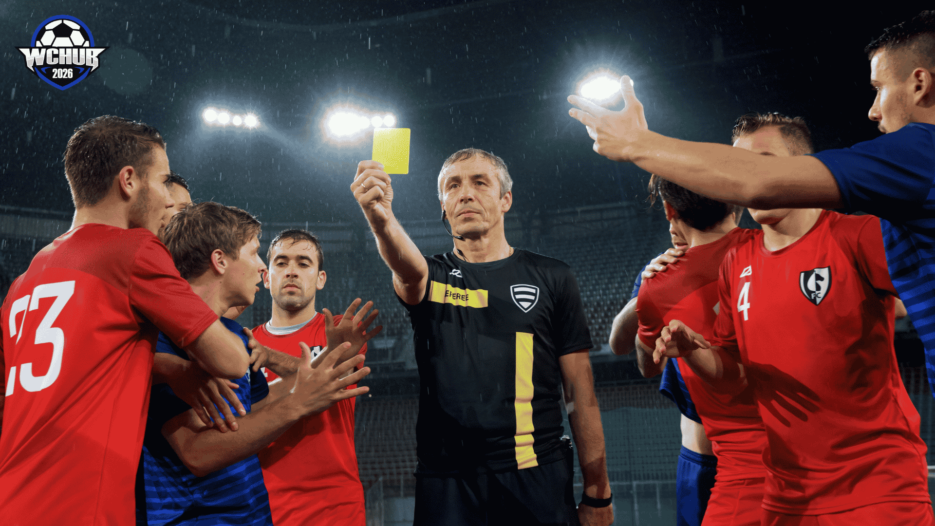 FIFA World Cup yellow card incident showing referee decision, player confrontation, match discipline, football rules enforcement, and high-intensity soccer competition
