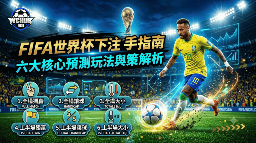 FIFA World Cup prediction guide banner featuring a football player in a yellow jersey kicking a glowing soccer ball in a crowded stadium with digital strategy charts.