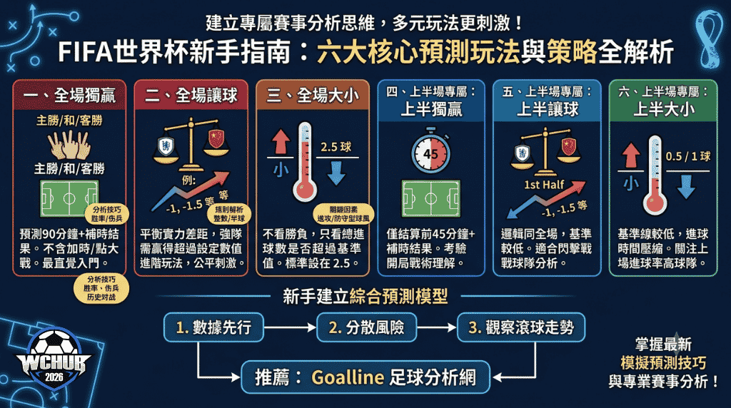 FIFA World Cup prediction guide infographic detailing six core soccer match analysis indicators including Full Match Handicap, Over Under totals, and 1st Half strategies with Goalline analysis tips.