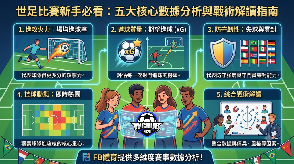 Beginner-friendly soccer analytics infographic titled "World Cup Beginners: 5 Core Data Analysis & Tactics Guide," breaking down goal rates, xG, defense, heatmaps, and tactical adjustments with simple illustrations for web SEO.