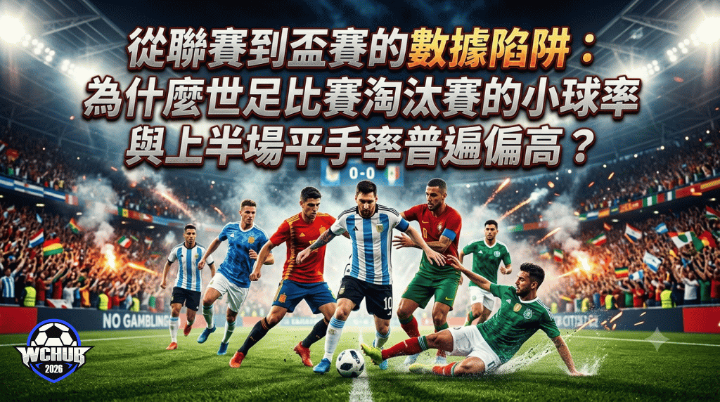 High-intensity World Cup football knockout match banner featuring the bold Traditional Chinese title "從聯賽到盃賽的數據陷阱：為什麼世足比賽淘汰賽的小球率與上半場平手率普遍偏高？" with professional players scrambling for the ball in a roaring stadium, optimized for web SEO.