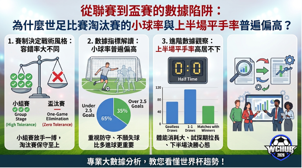 A 4-panel soccer analytics infographic titled "從聯賽到盃賽的數據陷阱" in Traditional Chinese, explaining why World Cup knockout stages have high halftime draw and small ball rates through format rules, a 0-0 half-time chart, and cup-weighted data models