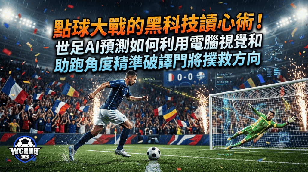 High-intensity World Cup penalty shootout banner featuring the bold Traditional Chinese title "點球大戰的黑科技讀心術！世足AI預測如何利用電腦視覺和助跑角度精準破譯門將撲救方向" with a striker sprinting to kick the ball and a goalkeeper diving, overlaid with digital motion-tracking graphics in a roaring stadium.