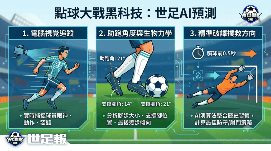 A 3-step soccer analytics infographic in Traditional Chinese titled "點球大戰黑科技：世足AI預測." From left: Panel 1 shows computer vision skeleton tracking of a running player; Panel 2 details run-up biomechanics with specific angle measurements; Panel 3 illustrates a goalkeeper diving to decode directions 0.5s before the shot based on historical data.