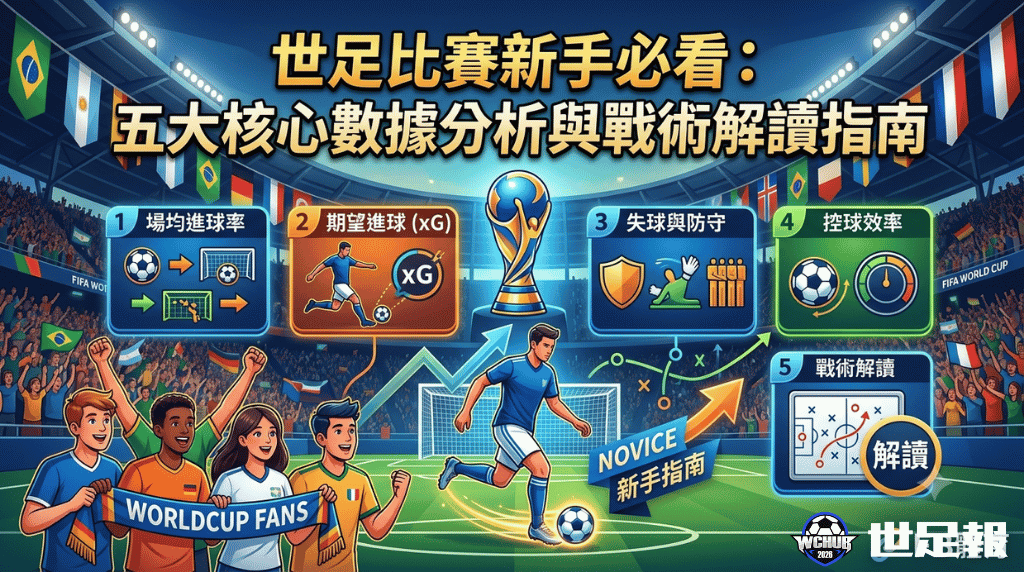 Educational infographic cover for "World Cup Beginners: 5 Core Data Analysis & Tactics Guide," showing a football stadium and key data metrics matrix.