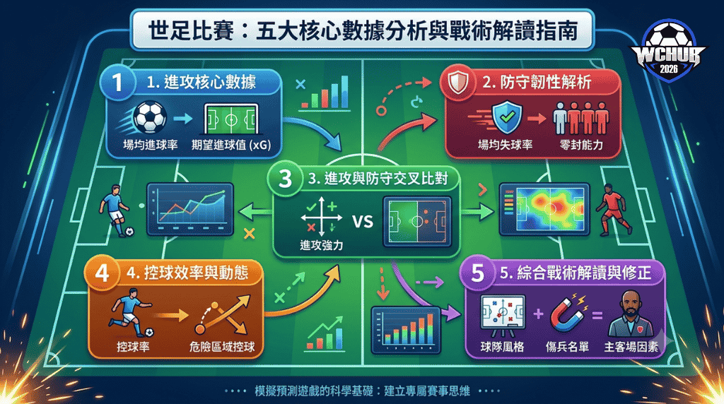 Infographic chart explaining World Cup soccer statistics on a tactical board, breaking down offense data, defense strength, metrics matrix, and ball control efficiency for football analysis.