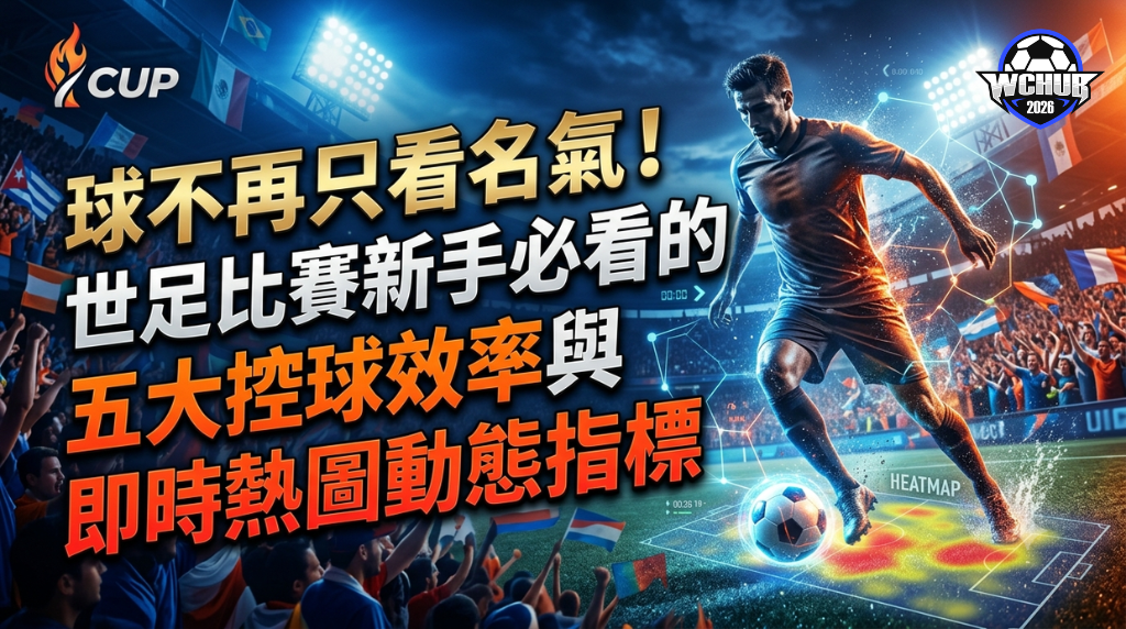 A dynamic World Cup match banner with infographic data overlays, featuring the title "球不再只看名氣！世足比賽新手必看的五大控球效率與即時熱圖動態指標" in Traditional Chinese, showing tactical lines and a football heatmap analysis.